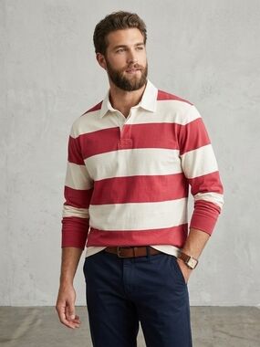 Free Assembly Men's Striped Cotton Rugby Shirt with Long Sleeves Polo Sizes L XL